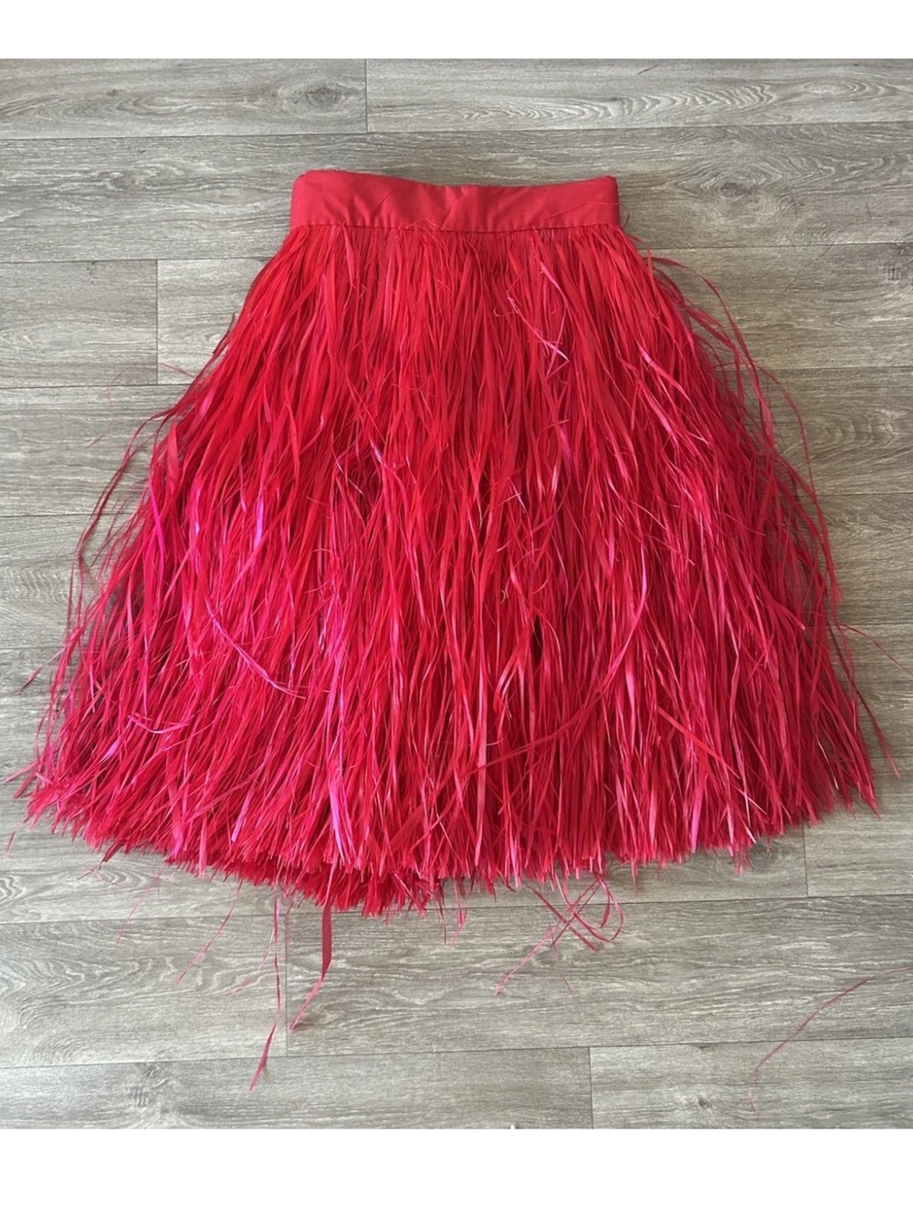 Vintage Red Fringe Hawaiian Skirt Handmade Showgirl Hula Dance Costume L Midi